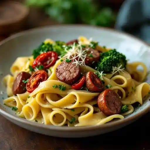 Rigatoni con Rapa e Salsiccia recipe served on a plate, by Porto Leggero Rigatoni con Rapa e Salsiccia recipe served on a plate, by Porto Leggero