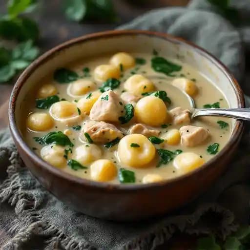 Chicken and Gnocchi Soup recipe served on a plate, by Olive Garden Italian Restaurant Chicken and Gnocchi Soup recipe served on a plate, by Olive Garden Italian Restaurant