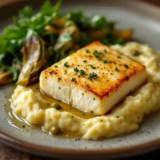Pan-Seared California Halibut recipe served on a plate, by M'tucci's Twenty-Five Pan-Seared California Halibut recipe served on a plate, by M'tucci's Twenty-Five
