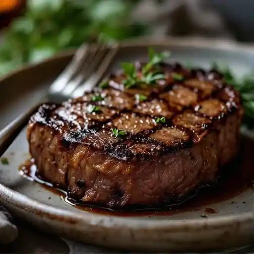 Grilled Ribeye Steak with Bordelaise recipe served on a plate, by Double Eagle Restaurant Grilled Ribeye Steak with Bordelaise recipe served on a plate, by Double Eagle Restaurant