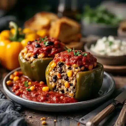 Vegan Stuffed Peppers recipe served on a plate, by Big Ditch Brewing Company Vegan Stuffed Peppers recipe served on a plate, by Big Ditch Brewing Company