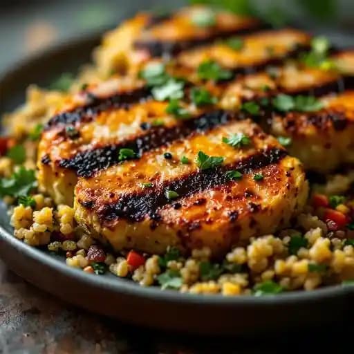 GRILLED CAULIFLOWER STEAK (VG) recipe served on a plate, by Vault@237 GRILLED CAULIFLOWER STEAK (VG) recipe served on a plate, by Vault@237