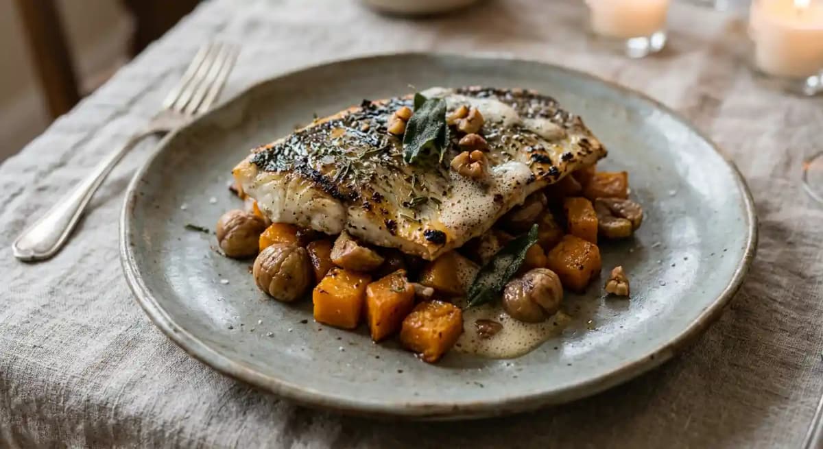 Grilled wild black bass, butternut squash, sage and chestnut brown butter