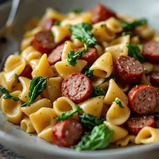 orecchiette, sausage, rapini recipe served on a plate, by Rocco orecchiette, sausage, rapini recipe served on a plate, by Rocco