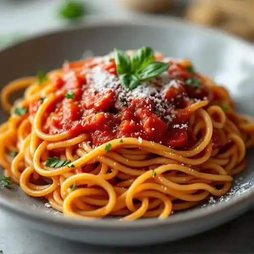 Spaghetti with pomodoro + basil sauce recipe served on a plate, by Fiorella Spaghetti with pomodoro + basil sauce recipe served on a plate, by Fiorella
