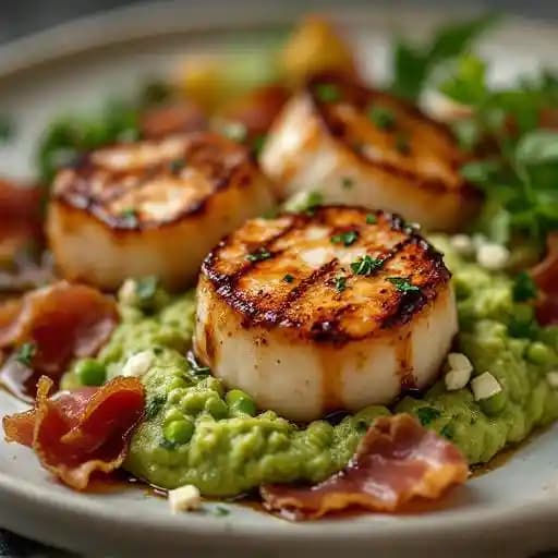 Soy Glazed Seared Scallops recipe served on a plate, by ORO Soy Glazed Seared Scallops recipe served on a plate, by ORO