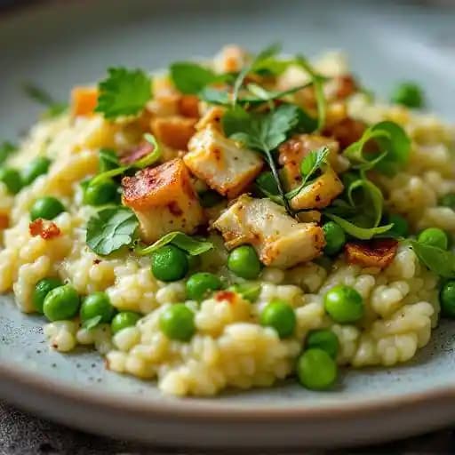spring risotto recipe served on a plate, by Boulevard Kitchen & Oyster Bar spring risotto recipe served on a plate, by Boulevard Kitchen & Oyster Bar
