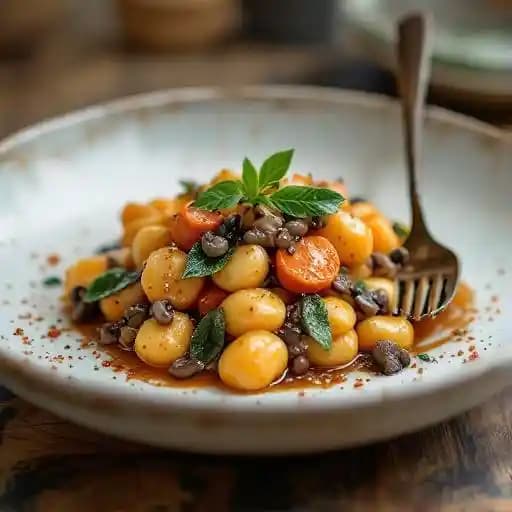 Sweet Potato Gnocchi recipe served on a plate, by Mezzaluna & The Drawing Room Sweet Potato Gnocchi recipe served on a plate, by Mezzaluna & The Drawing Room