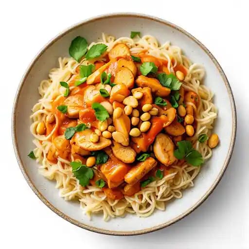 Peanut Chicken Pad Thai recipe served on a plate, by The Brig Pub Peanut Chicken Pad Thai recipe served on a plate, by The Brig Pub
