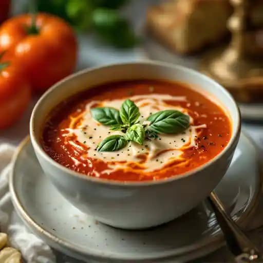 TOMATO BASIL SOUP recipe served on a plate, by Rogue Kitchen & Wetbar TOMATO BASIL SOUP recipe served on a plate, by Rogue Kitchen & Wetbar
