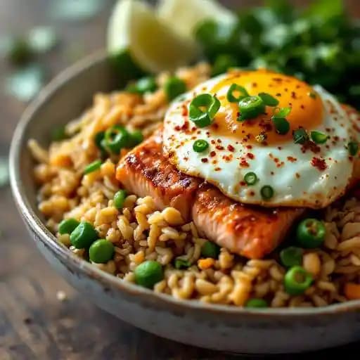 Salmon Fried Rice* recipe served on a plate, by The Raleigh Times Salmon Fried Rice* recipe served on a plate, by The Raleigh Times