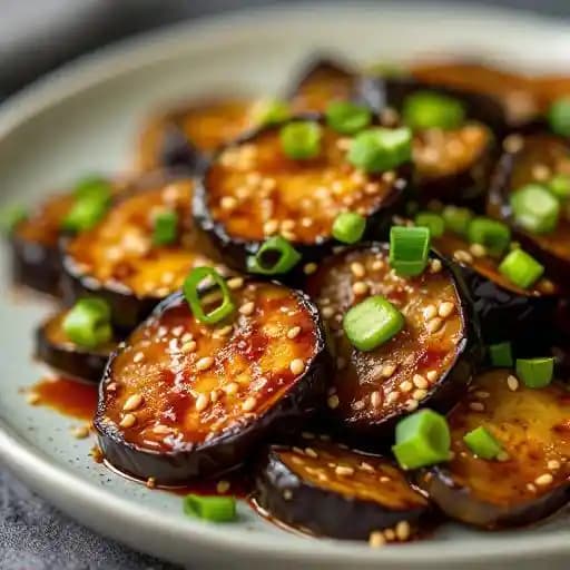 Miso Glazed Eggplant recipe served on a plate, by Fahrenheit Miso Glazed Eggplant recipe served on a plate, by Fahrenheit
