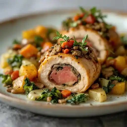 Chicken Ballotine recipe served on a plate, by The Five Fishermen Chicken Ballotine recipe served on a plate, by The Five Fishermen