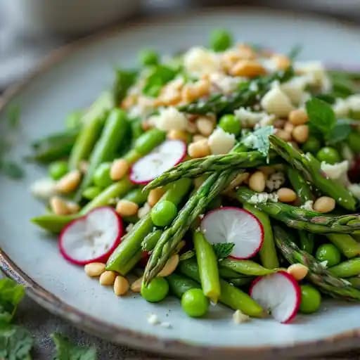 Asparagus and Sugar Snap Pea Salad recipe served on a plate, by Wellington's Asparagus and Sugar Snap Pea Salad recipe served on a plate, by Wellington's