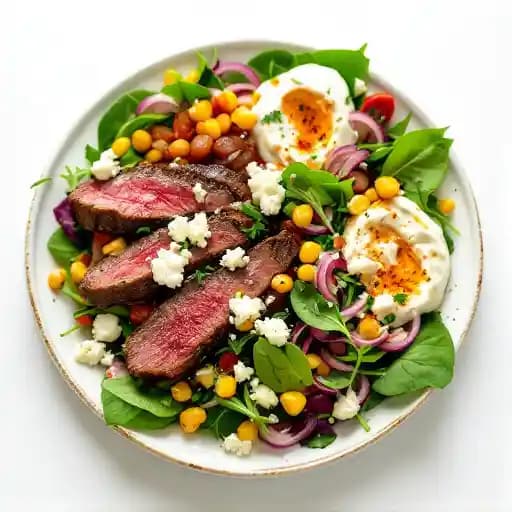 Steak Mezze Salad recipe served on a plate, by CAVA Steak Mezze Salad recipe served on a plate, by CAVA