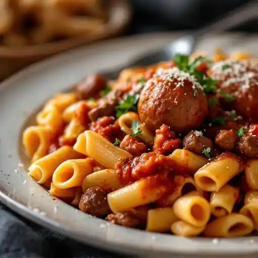 Paccheri con Ragú recipe served on a plate, by Girasole Paccheri con Ragú recipe served on a plate, by Girasole