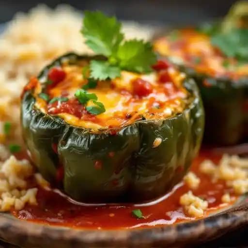 Chiles Rellenos recipe served on a plate, by Guelaguetza Restaurant Chiles Rellenos recipe served on a plate, by Guelaguetza Restaurant