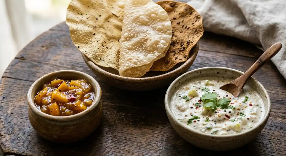 Pappadum Selection, Mango Chutney & Nimbu Achari Raita