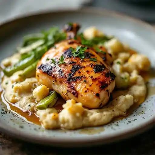 Sutton Hoo chicken, roast leeks, caramelised cauliflower purée, lemon & honey recipe served on a plate, by Clos Maggiore Sutton Hoo chicken, roast leeks, caramelised cauliflower purée, lemon & honey recipe served on a plate, by Clos Maggiore