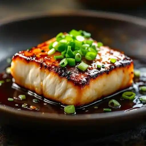 Miso Glazed Cod recipe served on a plate, by Evelyn's Table Miso Glazed Cod recipe served on a plate, by Evelyn's Table