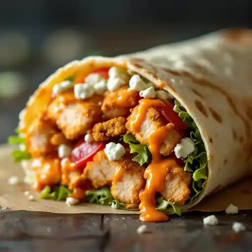Buffalo Chicken Wrap recipe served on a plate, by The Common Man Roadside Millyard Buffalo Chicken Wrap recipe served on a plate, by The Common Man Roadside Millyard