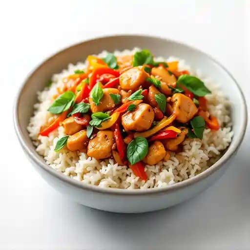 Thai Basil Chicken recipe served on a plate, by Restaurant Poco Thai Basil Chicken recipe served on a plate, by Restaurant Poco