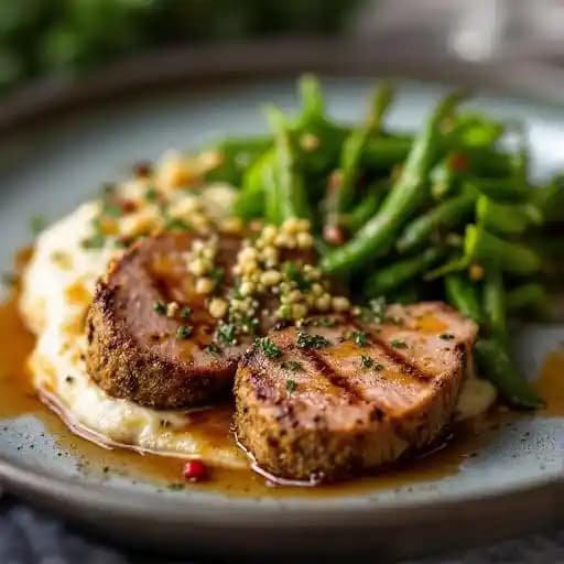 Coriander Crusted Pork Tenderloin recipe served on a plate, by Salted Edge Coriander Crusted Pork Tenderloin recipe served on a plate, by Salted Edge