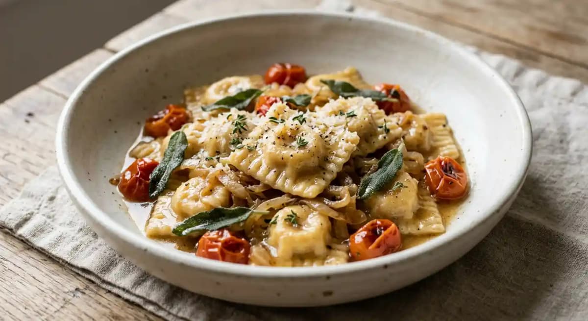 Butternut Squash Agnolotti recipe served on a plate, by Jo's American Bistro Butternut Squash Agnolotti recipe served on a plate, by Jo's American Bistro