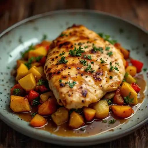 PAN ROASTED STATLER CHICKEN BREAST recipe served on a plate, by Malt PAN ROASTED STATLER CHICKEN BREAST recipe served on a plate, by Malt