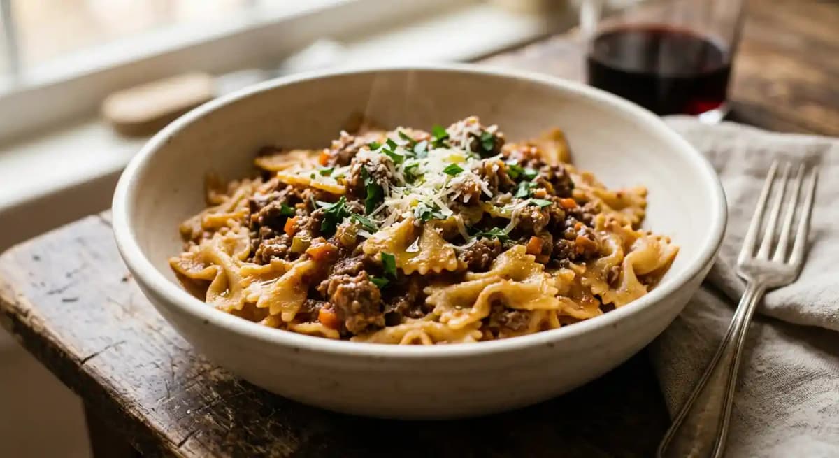 Farfalle al Ragu' Bolognese recipe served on a plate, by Lucia | Italian Restaurant Farfalle al Ragu' Bolognese recipe served on a plate, by Lucia | Italian Restaurant