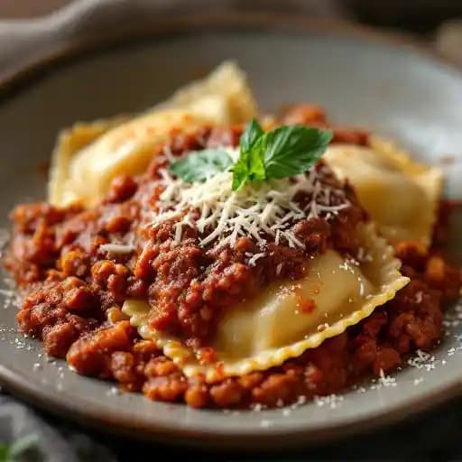 Ravioli al Ragu' Bolognese recipe served on a plate, by Lucia | Italian Restaurant Ravioli al Ragu' Bolognese recipe served on a plate, by Lucia | Italian Restaurant