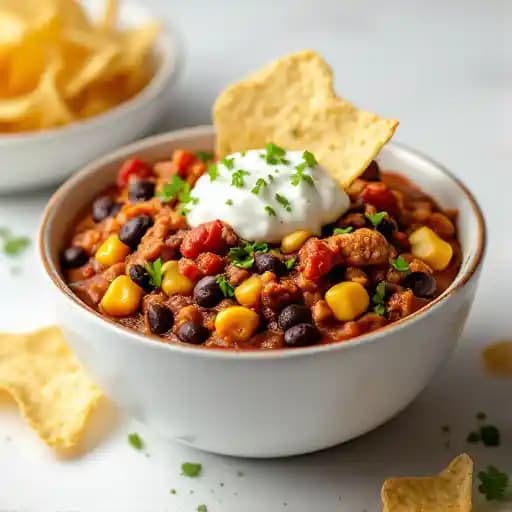 TURKEY CHILI recipe served on a plate, by Pour Judgement TURKEY CHILI recipe served on a plate, by Pour Judgement