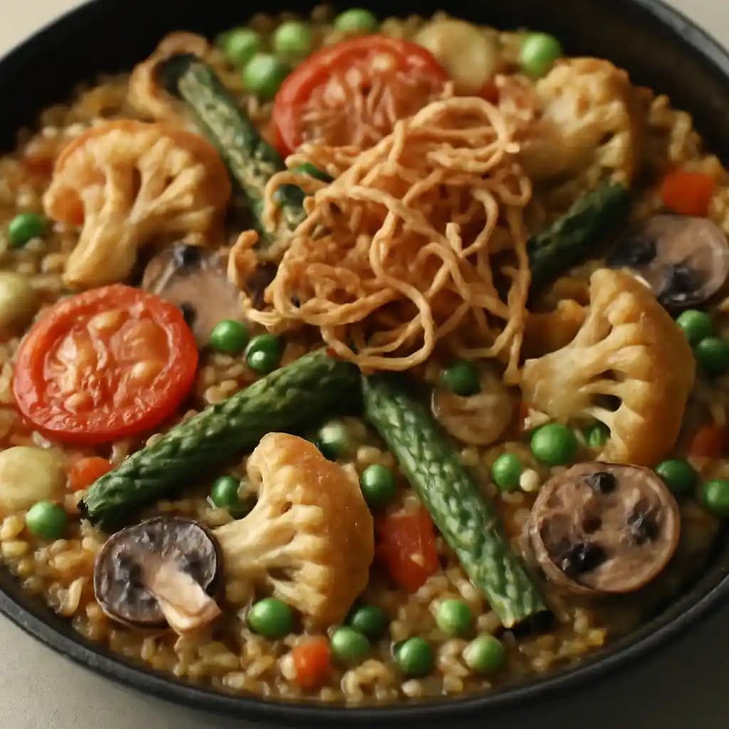 Paella de Verduras recipe served on a plate, by Bocado Tapas Wine Bar Paella de Verduras recipe served on a plate, by Bocado Tapas Wine Bar