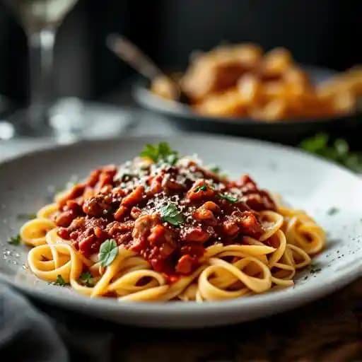 Tagliatelle Bolognese recipe served on a plate, by Fox & The Knife Tagliatelle Bolognese recipe served on a plate, by Fox & The Knife
