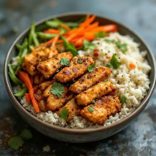 Thai Crispy Chicken Basil Rice Bowl recipe served on a plate, by Moonshine 152 Thai Crispy Chicken Basil Rice Bowl recipe served on a plate, by Moonshine 152