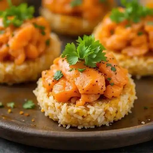 Salmon Rice Cakes recipe served on a plate, by Fin Point Oyster Bar + Grille Salmon Rice Cakes recipe served on a plate, by Fin Point Oyster Bar + Grille