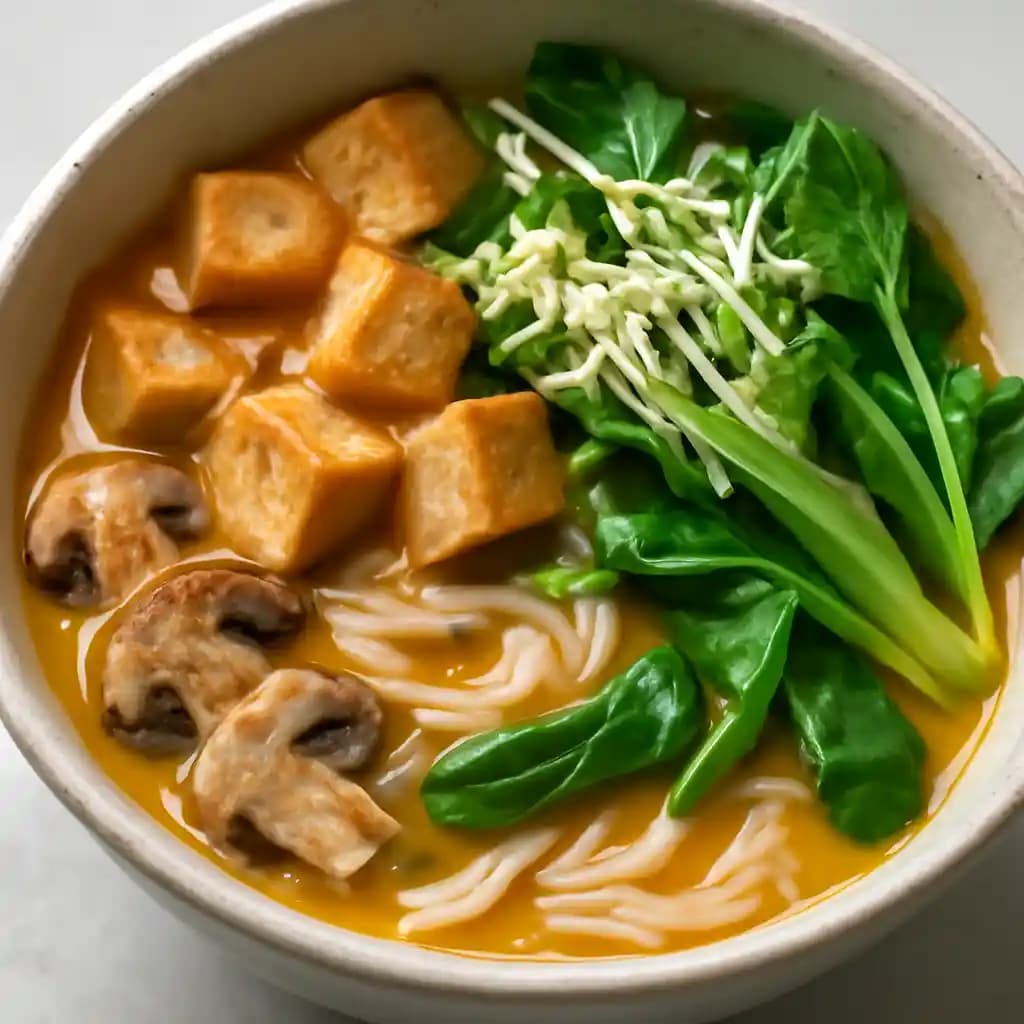 Vegan Thai Curry Laksa recipe served on a plate, by Moxies - Victoria Vegan Thai Curry Laksa recipe served on a plate, by Moxies - Victoria