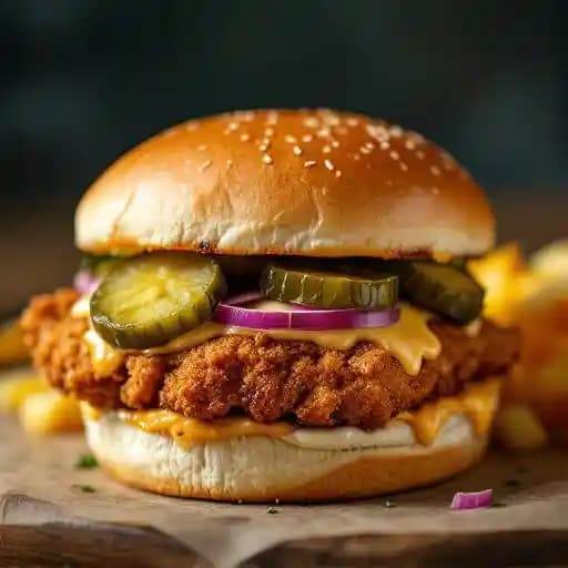 southern hot honey chicken sandwich recipe served on a plate, by Top Hat southern hot honey chicken sandwich recipe served on a plate, by Top Hat