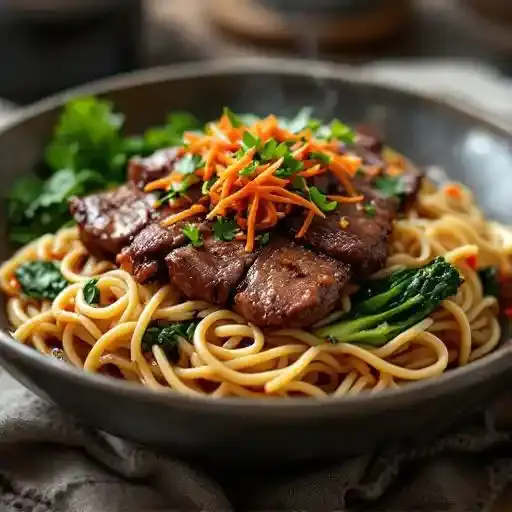 Beef Bulgogi Noodle recipe served on a plate, by Lazy fish Beef Bulgogi Noodle recipe served on a plate, by Lazy fish