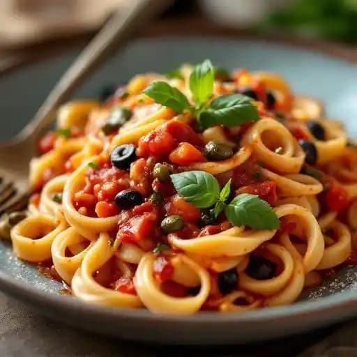 Bucatini, puttanesca recipe served on a plate, by The Establishment Bucatini, puttanesca recipe served on a plate, by The Establishment