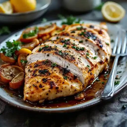 LEMON HERB ROASTED AIRLINE CHICKEN BREAST recipe served on a plate, by BLK Swan LEMON HERB ROASTED AIRLINE CHICKEN BREAST recipe served on a plate, by BLK Swan