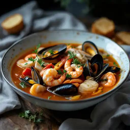 Bouillabaisse recipe served on a plate, by Hank's Seafood Restaurant Bouillabaisse recipe served on a plate, by Hank's Seafood Restaurant