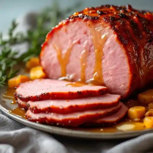 Honey-Glazed Ham recipe served on a plate, by The Watch Rooftop Kitchen and Spirits Honey-Glazed Ham recipe served on a plate, by The Watch Rooftop Kitchen and Spirits