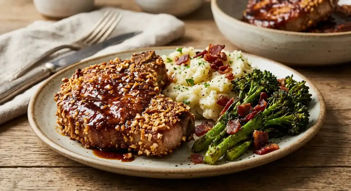 Pretzel-Crusted Pork Chops recipe served on a plate, by Cooper's Hawk Winery & Restaurant Pretzel-Crusted Pork Chops recipe served on a plate, by Cooper's Hawk Winery & Restaurant