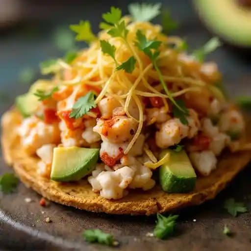 Crab Tostada recipe served on a plate, by The Peacock Mediterranean Grill Crab Tostada recipe served on a plate, by The Peacock Mediterranean Grill