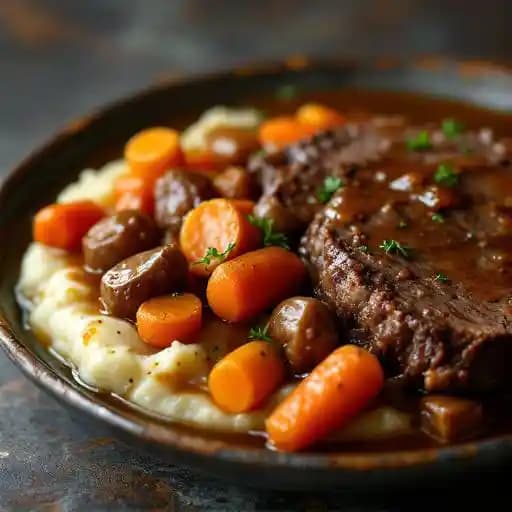 Pot Roast Bourguignon recipe served on a plate, by Brasserie Byronz Pot Roast Bourguignon recipe served on a plate, by Brasserie Byronz