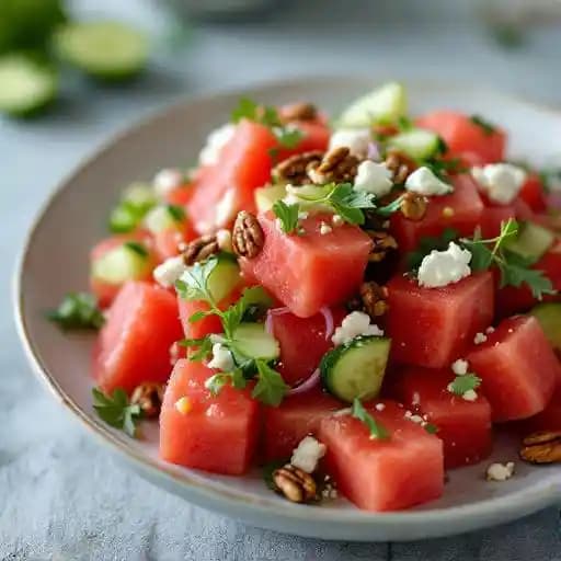 Watermelon Salad recipe served on a plate, by River House Watermelon Salad recipe served on a plate, by River House