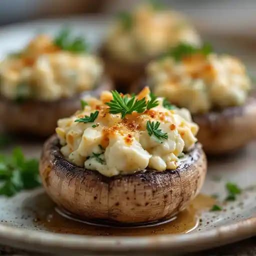 Crab Stuffed Mushrooms recipe served on a plate, by The Shrimp Factory Crab Stuffed Mushrooms recipe served on a plate, by The Shrimp Factory