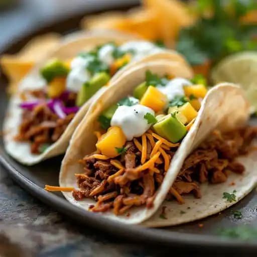 Pulled Pork Tacos recipe served on a plate, by Mason Jar Brews and Burgers Pulled Pork Tacos recipe served on a plate, by Mason Jar Brews and Burgers