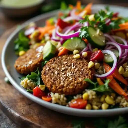 Falafel Salad recipe served on a plate, by The Full Bowl Falafel Salad recipe served on a plate, by The Full Bowl